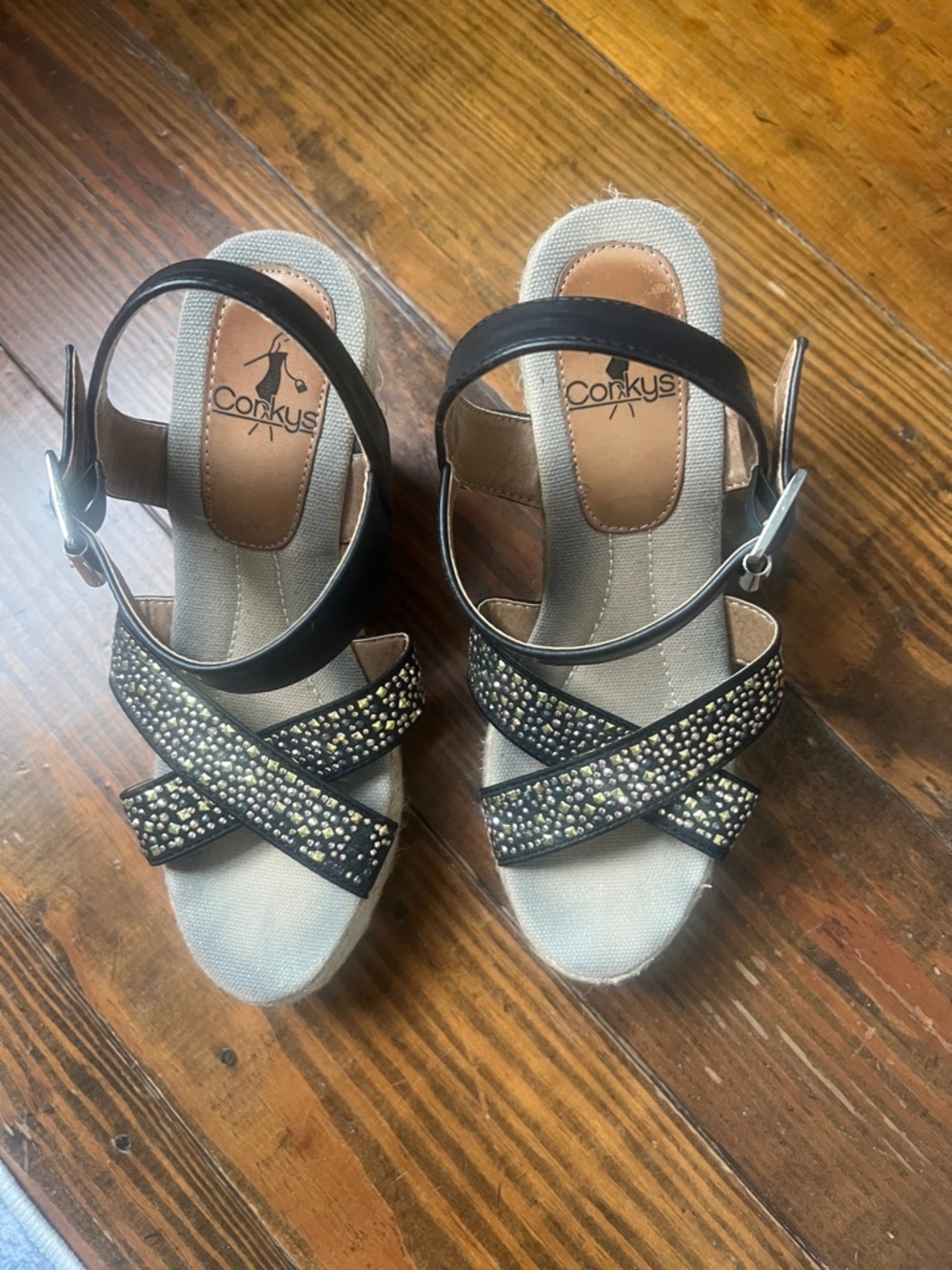 Corkys Black Crystal Crossband Wedge Sandals